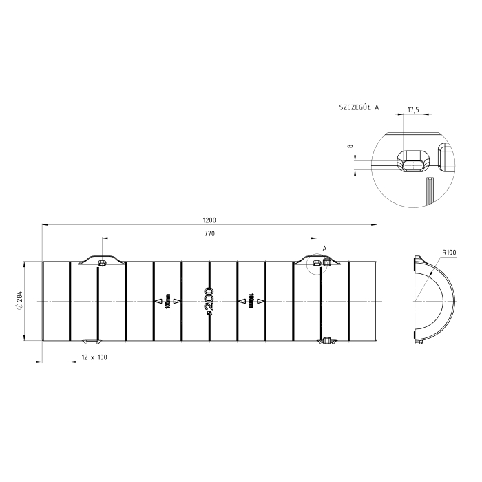 Rura EPS  Ø200mm z powłoką grzybostatyczną, antybakteryjną   średnica zewnętrzna  Ø284mm   długość 1,2m ścianka 42mm, izolacja do -15 C